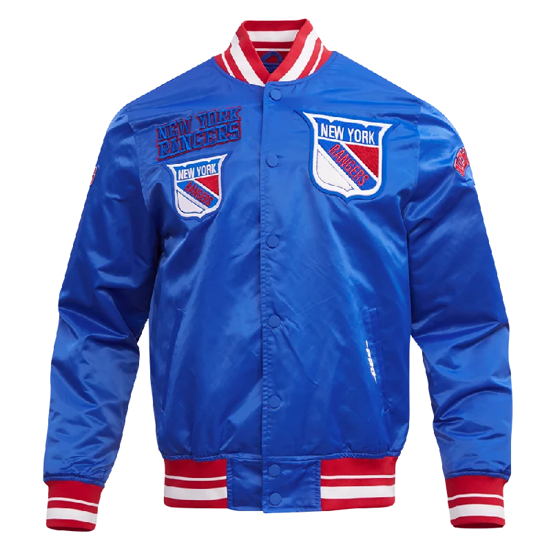 men's winter jackets -NHL NEW YORK RANGERS RETRO CLASSIC MEN'S RIB SATIN JACKET (ROYAL BLUE/RED)