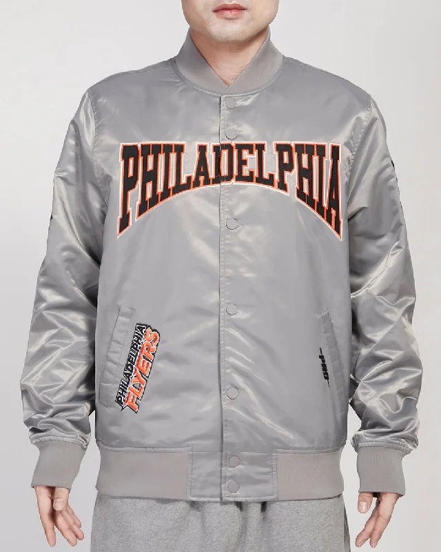 men's heavy-duty jackets -NHL PHILADELPHIA FLYERS CREST EMBLEM MEN'S SATIN JACKET (GRAY)