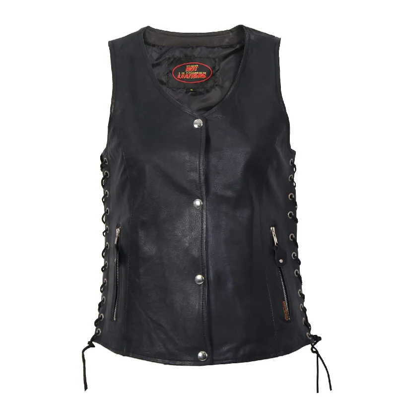 casual vests for men -Ladies Black Lambskin Vest w/Side Lace,  VSL1010-HL