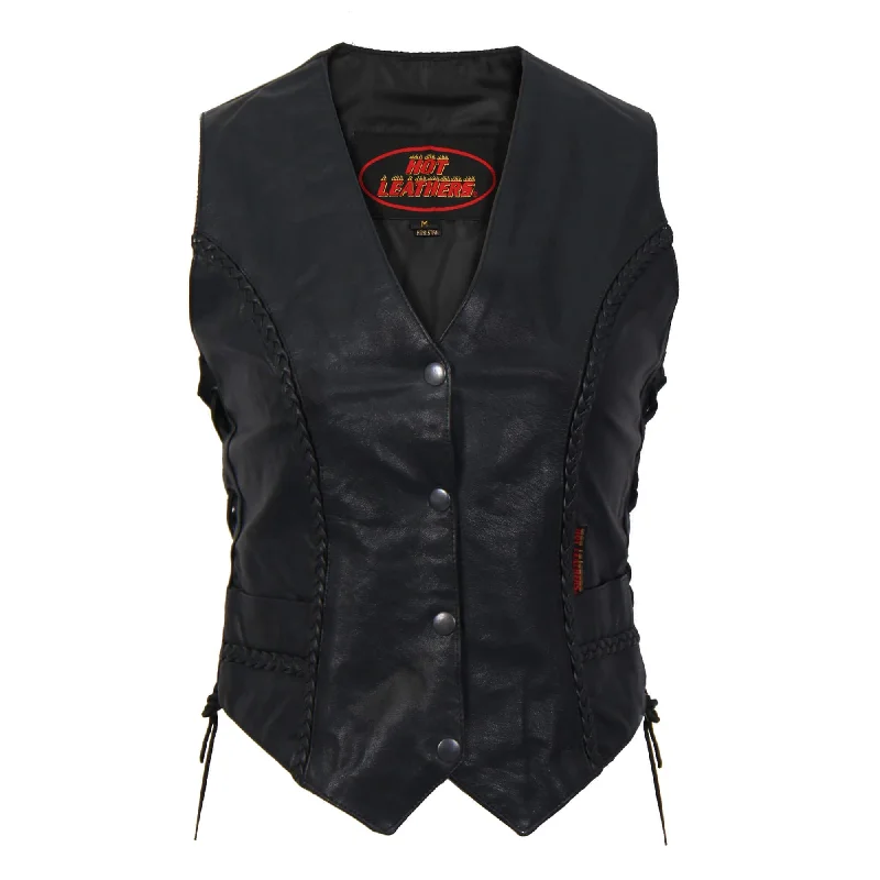 men's vest for weddings -Ladies Black Leather Vest, VSL1006-HL