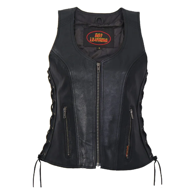 lightweight vests for men -Ladies Side Lace Zip Up Leather Vest, VSL1013-HL