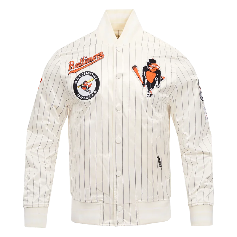 men's casual leather jackets -MLB BALTIMORE ORIOLES PINSTRIPE RETRO CLASSIC MEN'S RIB SATIN JACKET (EGGSHELL/ GREY)