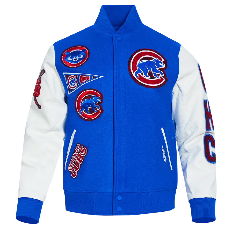 men's casual leather jackets -MLB CHICAGO CUBS ANIMAL PRINT MEN'S WOOL VARSITY JACKET (ROYAL BLUE/WHITE)