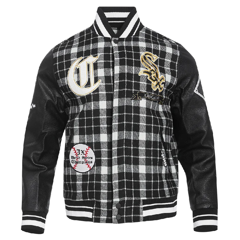 varsity jackets for men -MLB CHICAGO WHITE SOX PRO PREP MEN'S PLAID WOOL VARSITY JACKET (WHITE/BLACK)