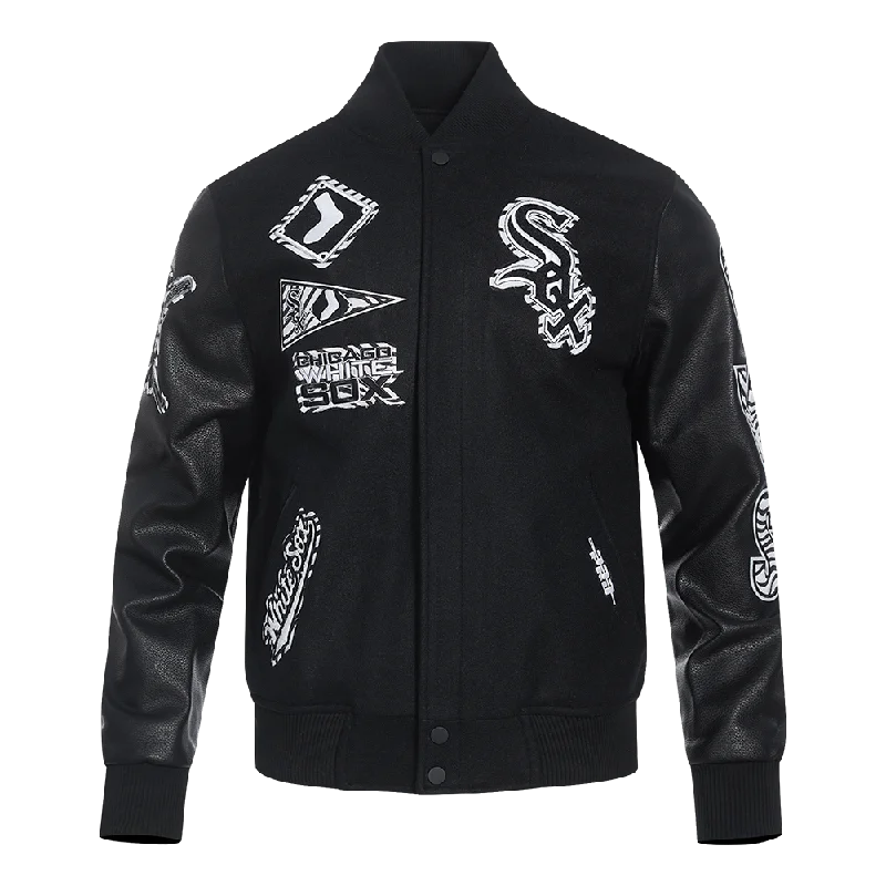 men's insulated jackets -MLB CHICAGO WHITE SOX ANIMAL PRINT MEN'S WOOL VARSITY JACKET (JET BLACK)