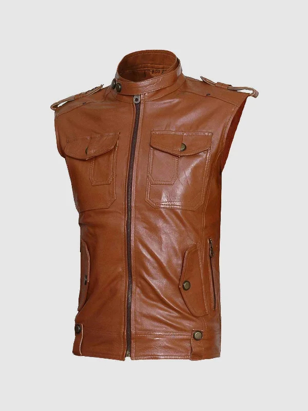 modern vests for men -Tan Leather Biker Vest