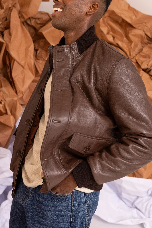 sleek jackets for formal wear -Leather Harrington Jacket in Brown