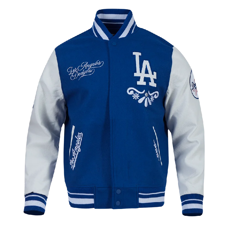 fleece-lined bomber jackets for men -MLB LOS ANGELES DODGERS SUGAR SKULL MEN'S RIB WOOL VARSITY JACKET (DODGER BLUE/WHITE)