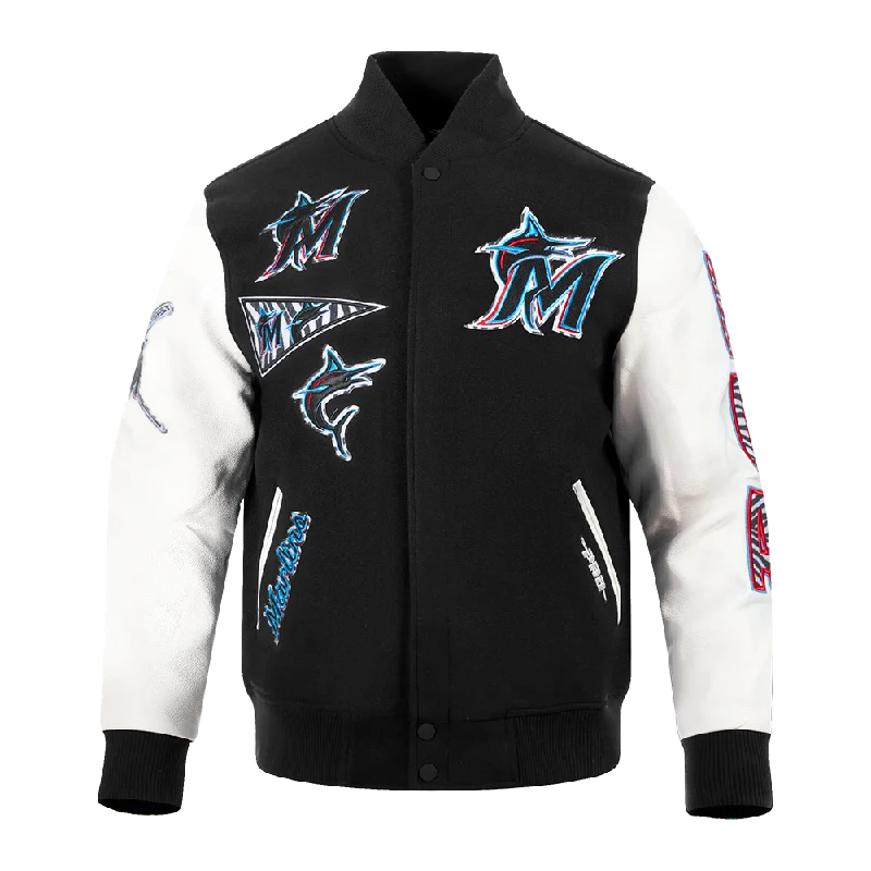 men's fleece jackets -MLB MIAMI MARLINS ANIMAL PRINT MEN'S WOOL VARSITY JACKET (BLACK/WHITE M60030)