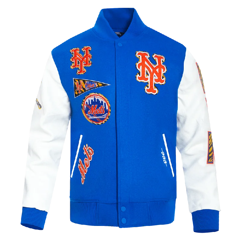 men's fleece-lined zip-up jackets -MLB NEW YORK METS ANIMAL PRINT MEN'S WOOL VARSITY JACKET (ROYAL BLUE/WHITE)