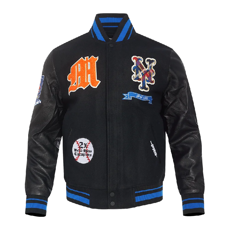 men's insulated jackets -MLB NEW YORK METS PRO PREP MEN'S WOOL VARSITY JACKET (BLACK/ROYAL BLUE/BLACK)