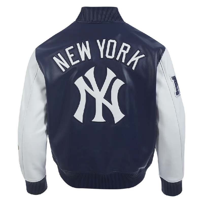 men's leather bomber jackets -MLB NEW YORK YANKEES CITY SIGNATURE MEN'S LEATHER VARSITY JACKET (MIDNIGHT NAVY/WHITE)