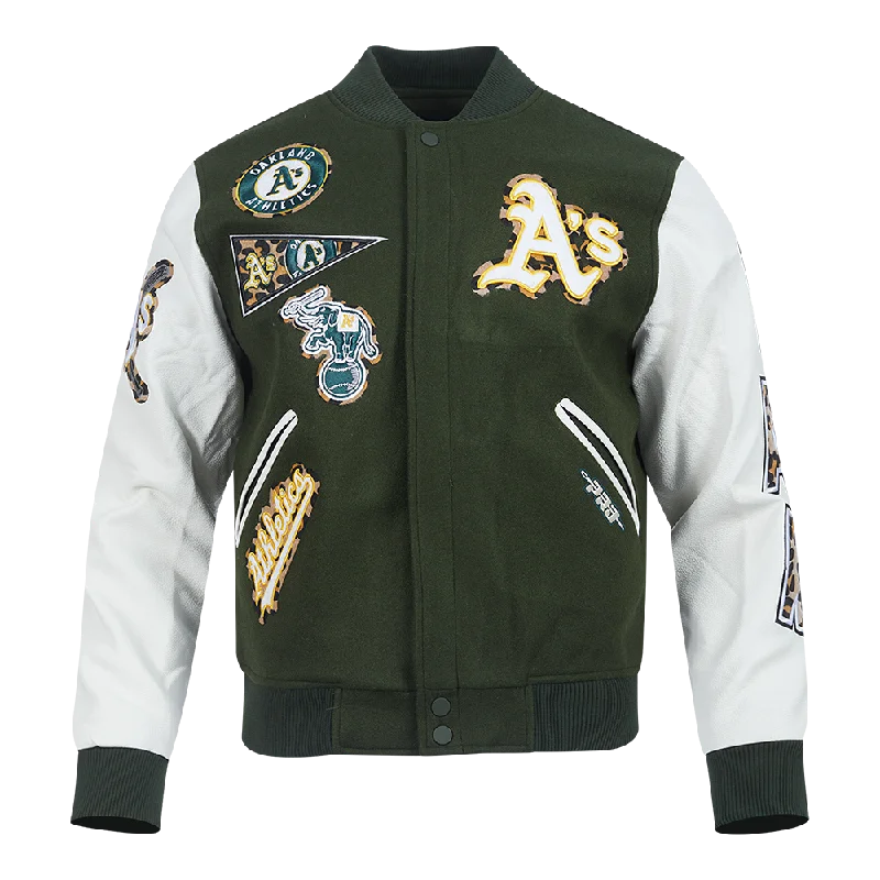 men's double-breasted blazers -MLB OAKLAND ATHLETICS ANIMAL PRINT MEN'S WOOL VARSITY JACKET (FOREST GREEN/WHITE)