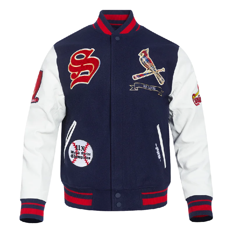 military-inspired jackets for men -MLB ST. LOUIS CARDINALS PRO PREP MEN'S WOOL VARSITY JACKET (MIDNIGHT NAVY/RED/MIDNIGHT NAVY)