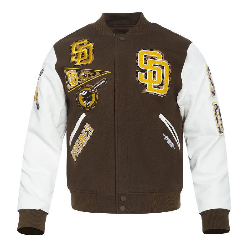 men's wool coat jackets -MLB SAN DIEGO PADRES ANIMAL PRINT MEN'S WOOL VARSITY JACKET (BROWN/WHITE)