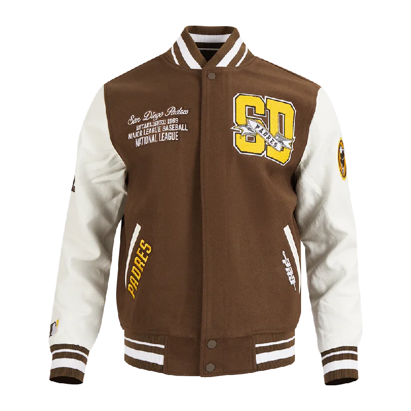 men's heavy-duty jackets -MLB SAN DIEGO PADRES TEAM PENNANTS MEN'S RIB WOOL VARSITY JACKET (BROWN/WHITE)