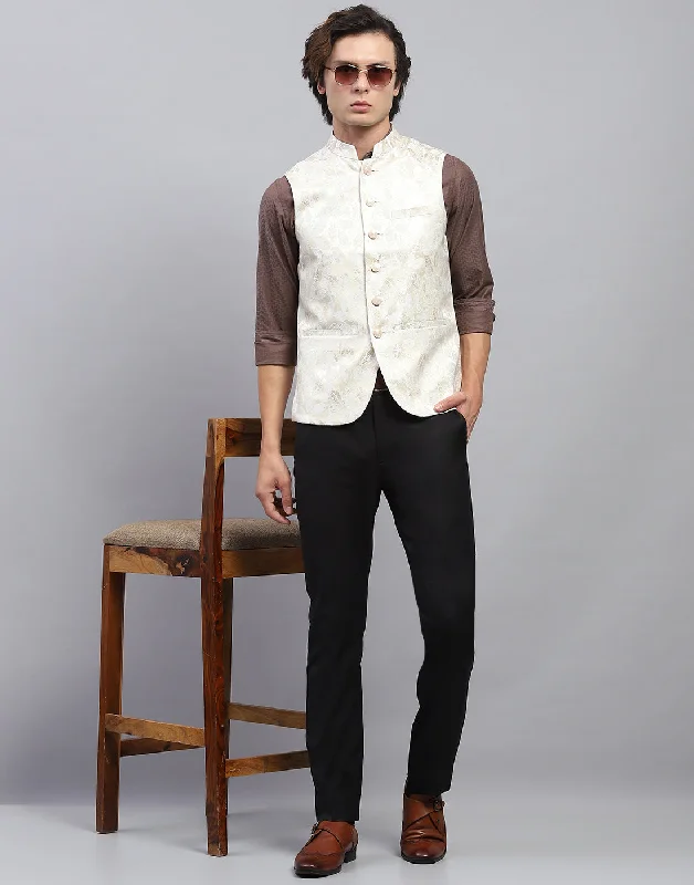 men's fitted jackets -Men Cream Floral Print Band Collar Sleeveless Nehru Jacket