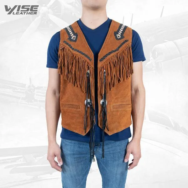 puffer vests for men -Men exclusive fringes leather vest Picco pure suede leather western style