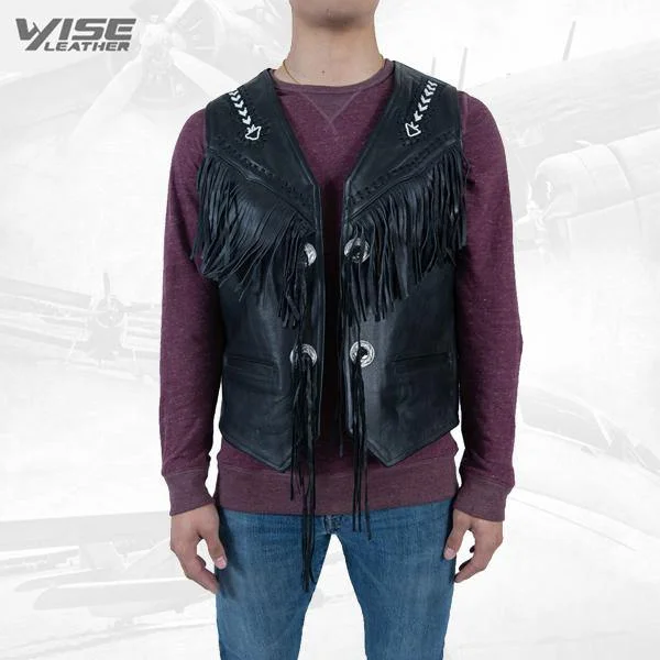 men's formal sleeveless vests -Men Exclusive Fringes Leather Vest Western Style Pure Sheep Nappa Leather