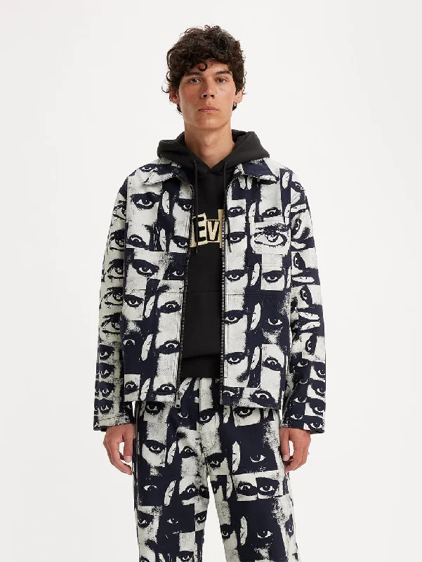 men's fleece-lined jackets -Men's Graphic Print Silver Spread Collar Jackets