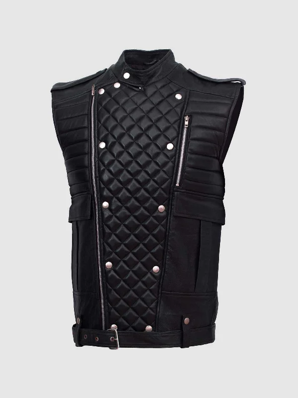 men's zippered vest jackets -Black Leather Motorcycle Vest