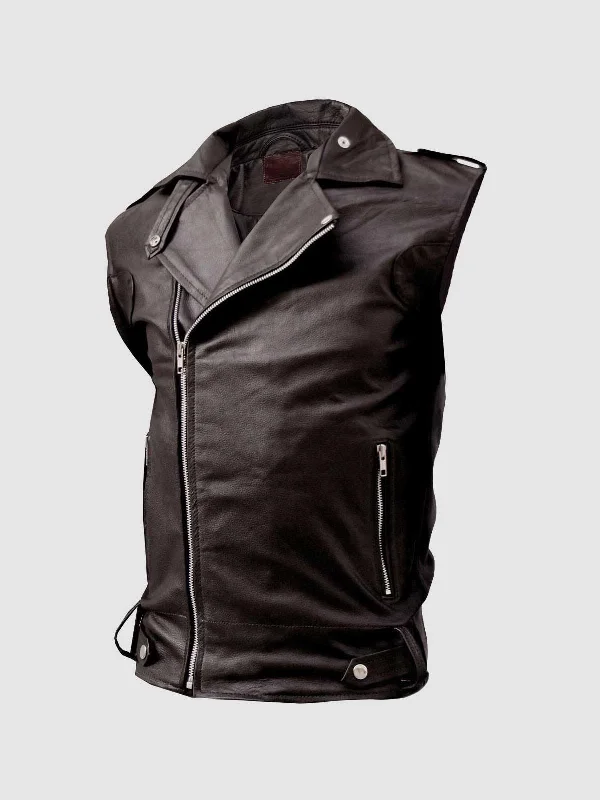 stylish formal vests for men -Brown Leather Motorcycle Vest