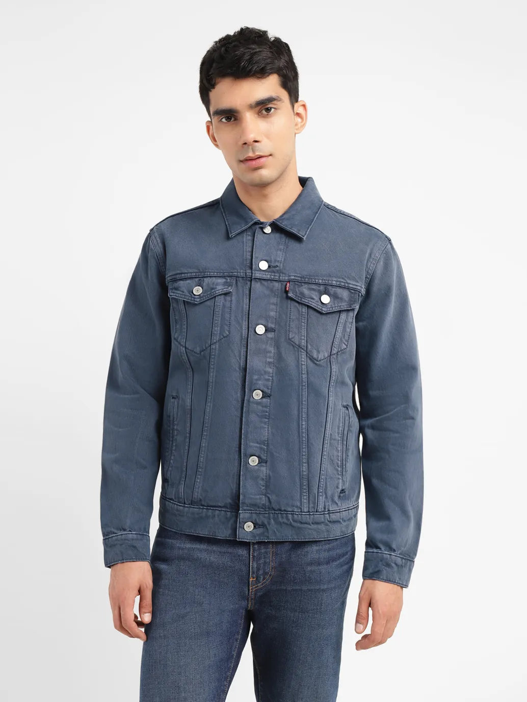 men's parkas for winter -Men's Solid Mid Indigo Spread Collar Jacket