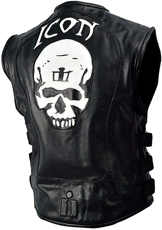 button-up waistcoats for men -Icon Skull Motorcycle Black Leather Vest