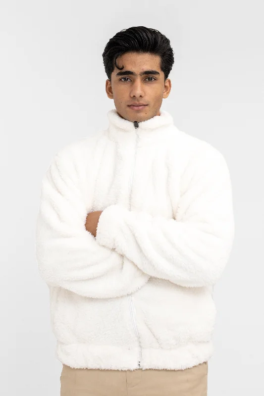 men's high-performance jackets -Teddy Fur Mock Jacket in White