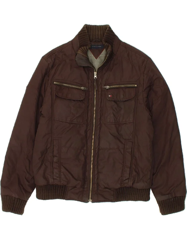 men's stylish puffer jackets -TOMMY HILFIGER Mens Bomber Jacket UK 42 XL Brown Nylon