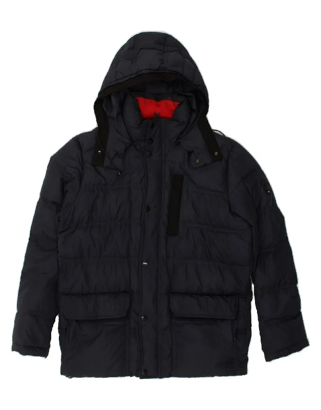 men's padded jackets -TOMMY HILFIGER Mens Hooded Padded Jacket UK 38 Medium Navy Blue Polyester