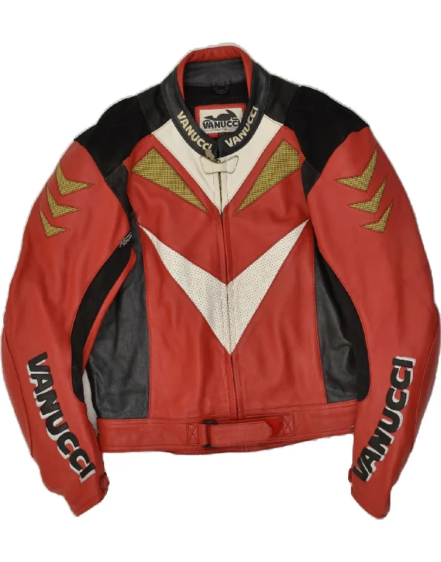 men's military jackets with zippers -VANUCCI Mens Motorcycle Graphic Biker Jacket Size 58 4XL Red Leather