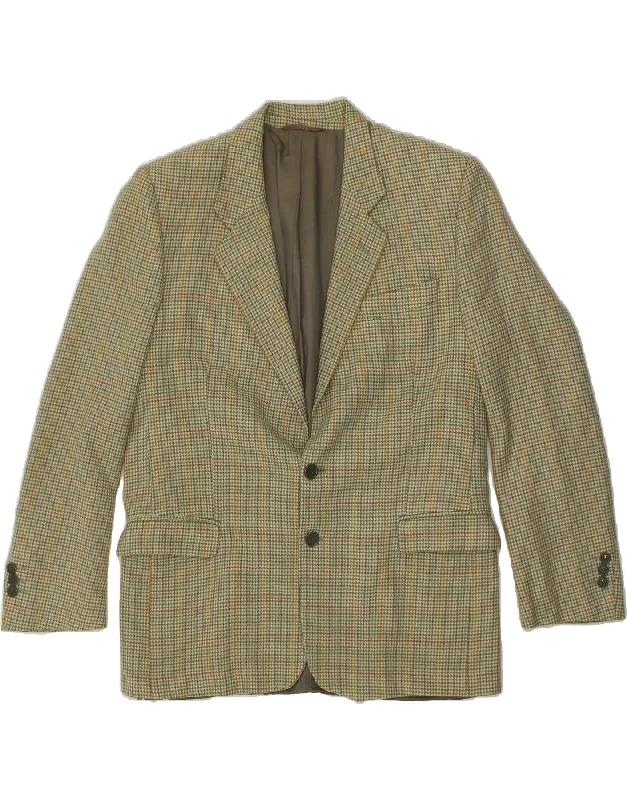 men's stylish puffer jackets -VINTAGE Mens 2 Button Blazer Jacket UK 38 Medium Green Houndstooth Wool