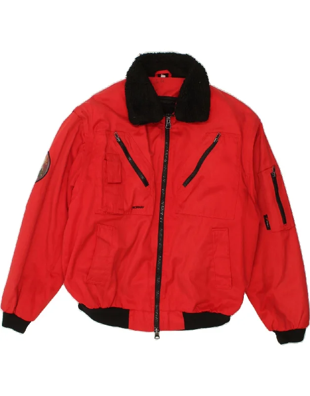 men's performance jackets for cold weather -VINTAGE Mens Graphic Sherpa Bomber Jacket UK 38 Medium Red Cotton