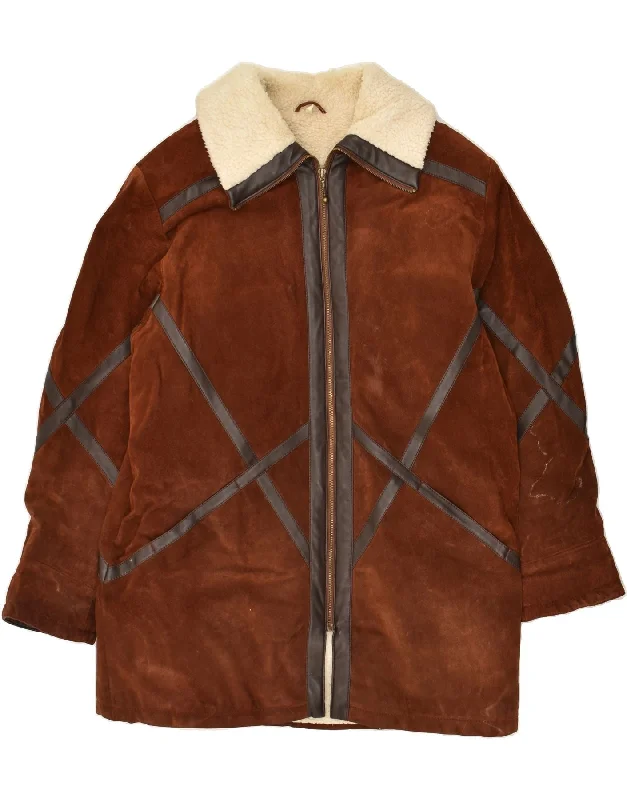 men's padded puffer jackets -VINTAGE Mens Leather Jacket IT 48 Medium Brown Geometric Leather