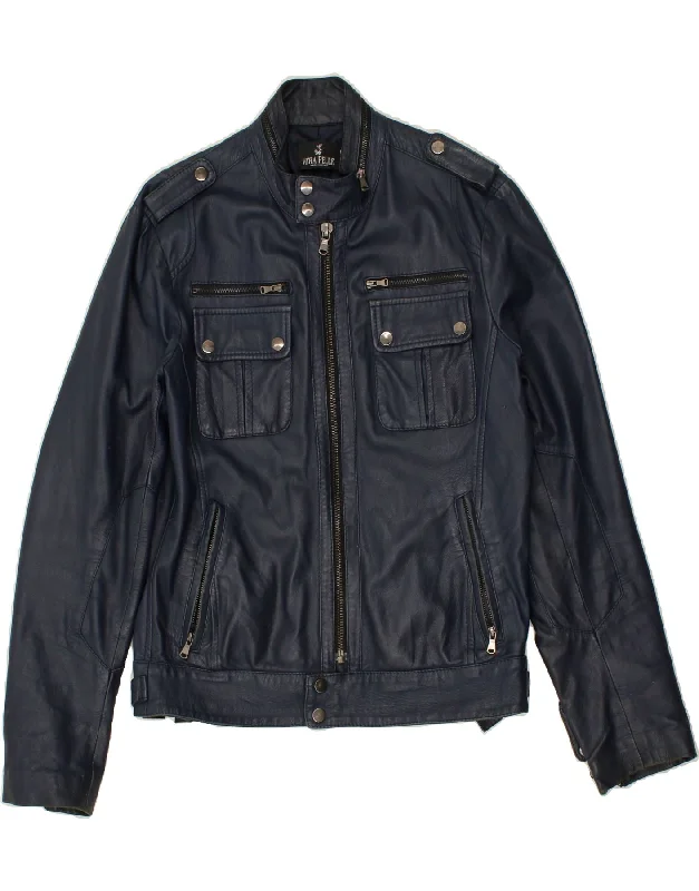 casual jackets for men -VINTAGE Mens Leather Jacket IT 50 Large Navy Blue Leather