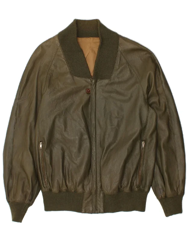 men's lightweight rain jackets -VINTAGE Mens Leather Jacket UK 38 Medium Khaki Leather