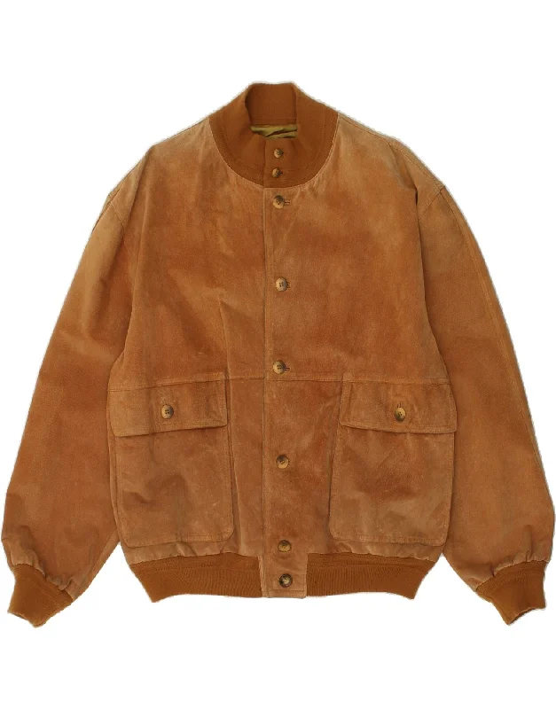 men's double-breasted blazers -VINTAGE Mens Suede Bomber Jacket UK 42 XL Brown Leather