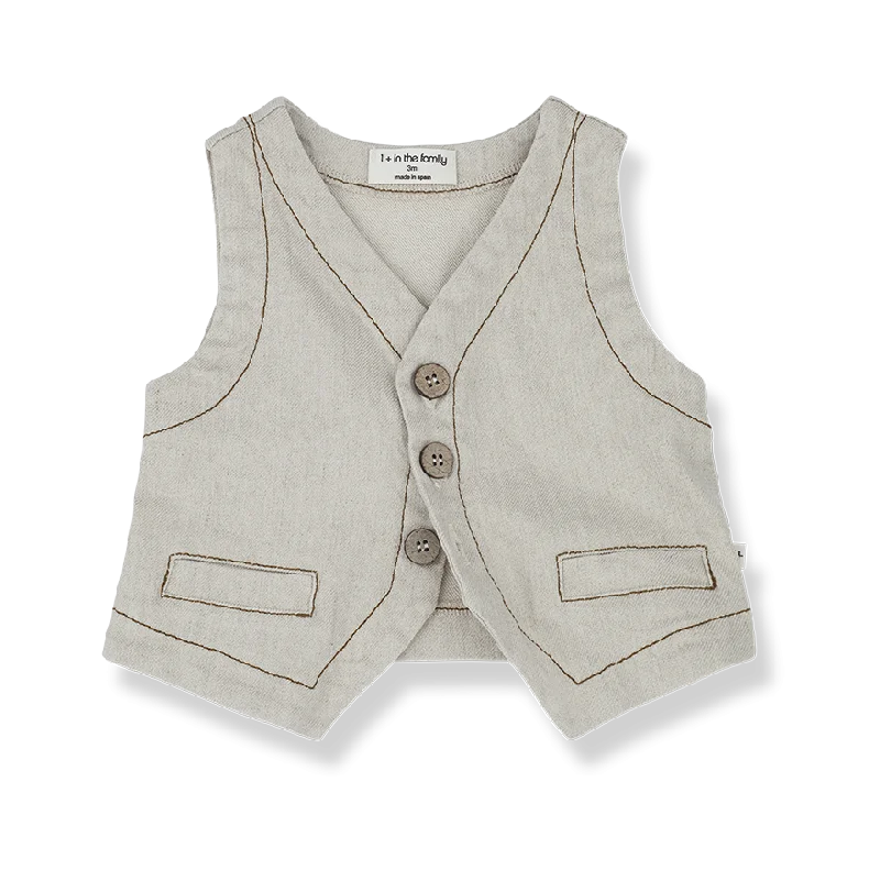 men's casual puffer vests -1 + IN THE FAMILY BEIGE LINEN BROWN STITCH POCKET VEST [Final Sale]