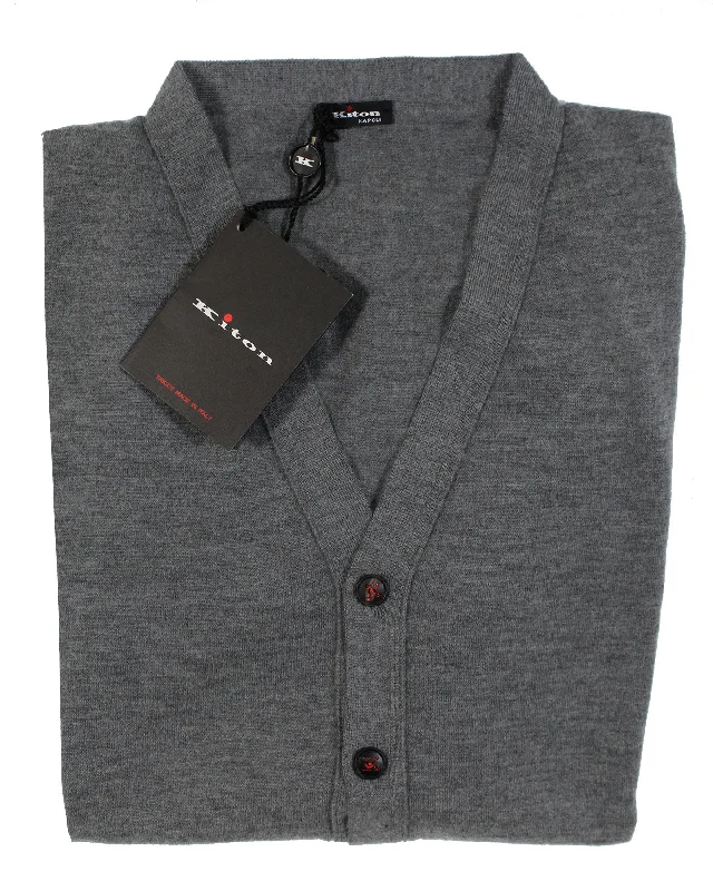 men's puffer vests -Kiton Sleeveless Cardigan Gray Cashmere Silk V-Neck Vest EU 54 / XL