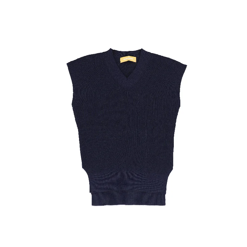 elegant vest jackets for men -Le Bourdon Navy Ribbed Knit V Neck Vest [FINAL SALE]