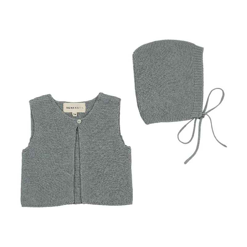 men's sleeveless jackets -MEMA KNITS DUSTY BLUE CHUNKY KNIT VEST + BONNET [FINAL SALE]