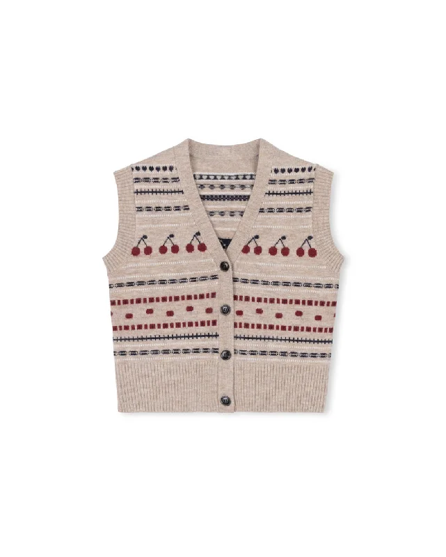 men's stylish knit vests -ONE CHILD OATMEAL STRIPED CHERRY BUTTON DOWN VEST [FINAL SALE]