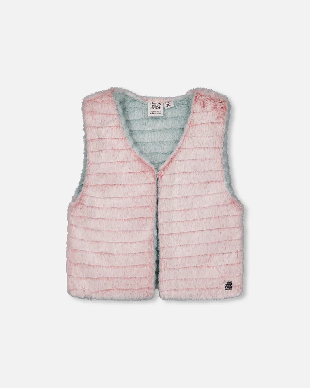 leather vests for men -Reversible Faux Fur Vest Pink And Turquoise