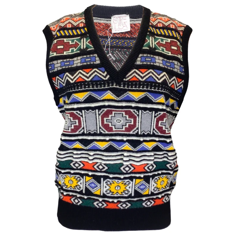 men's casual vest jackets -Stella Jean Black Multi Sleeveless V-Neck Wool Knit Jacquard Vest