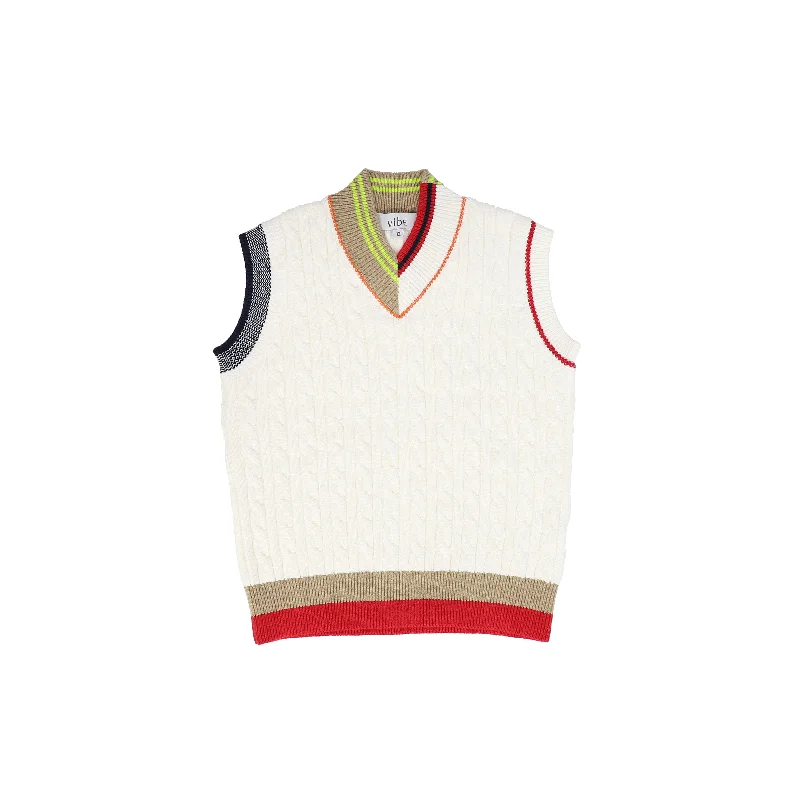 high-quality vests for men -VIBE IVORY STRIPED TRIMMING CABLE KNIT VEST [FINAL SALE]