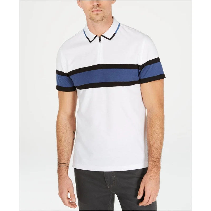 men's golf polo shirts -Alfani Men's Chest Blocked Striped Collared Polo Shirt White Size Small