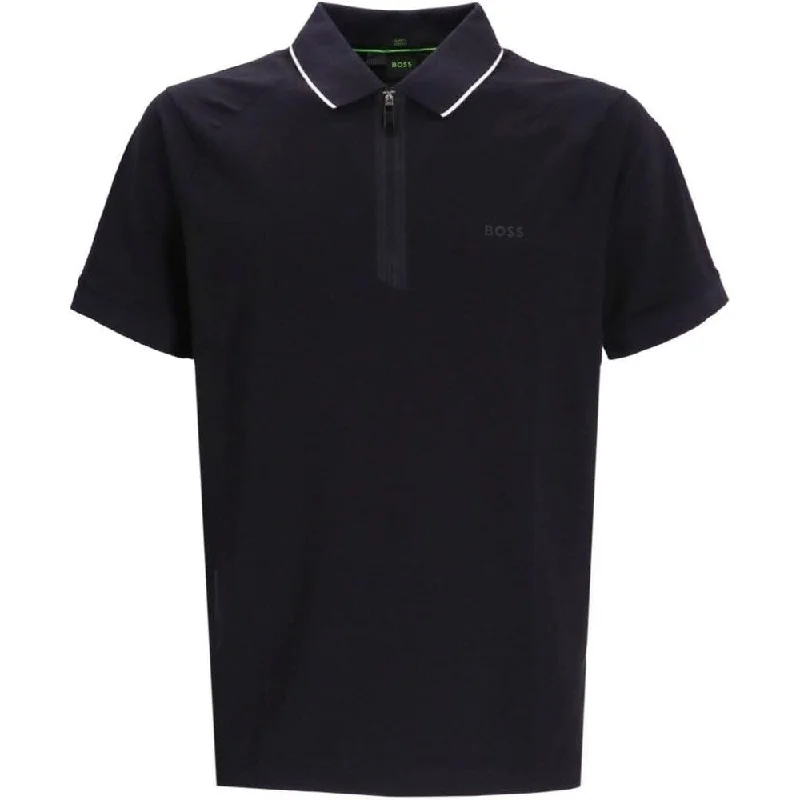 men's performance polo shirts -BOSS Men Phillix Polo Shirt Cotton Stretch Half Zip Collar Short Sleeves Black