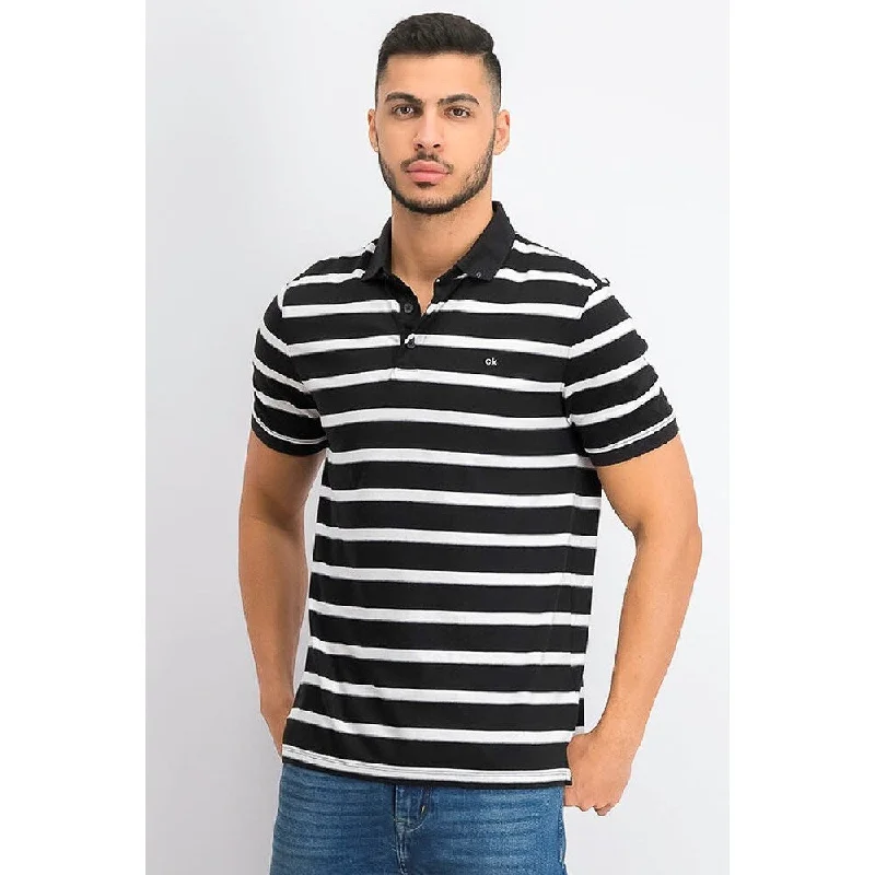 embroidered logo polo shirts for men -Calvin Klein Men's Liquid Cotton Slim-Fit Stripe Polo Shirt Black Size Large