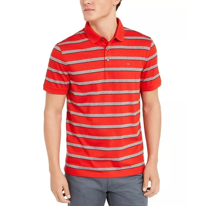 stylish striped polo shirts for men -Calvin Klein Men's Liquid Cotton Slim-Fit Stripe Polo Shirt Dark Red Size Medium